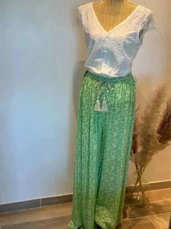 Pantalon fluide Palazzo verde e flor branca especial grande – photo 4